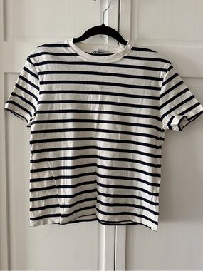 Zara Navy and White Striped Cotton Crew Neck T-Shirt - Size S